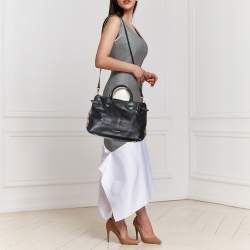 Pre Owned Burberry Black/Beige Leather and House Check Canvas Medium Banner Tote