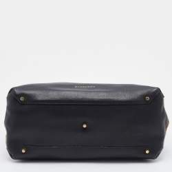 Pre Owned Burberry Black/Beige Leather and House Check Canvas Medium Banner Tote