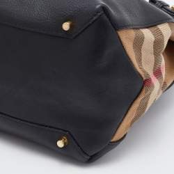Pre Owned Burberry Black/Beige Leather and House Check Canvas Medium Banner Tote