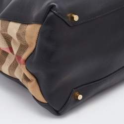 Pre Owned Burberry Black/Beige Leather and House Check Canvas Medium Banner Tote