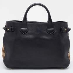 Pre Owned Burberry Black/Beige Leather and House Check Canvas Medium Banner Tote