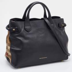 Pre Owned Burberry Black/Beige Leather and House Check Canvas Medium Banner Tote