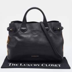 Pre Owned Burberry Black/Beige Leather and House Check Canvas Medium Banner Tote