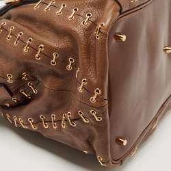 Pre Owned Burberry Brown Two Tone Leather Metal Stitch Lowry Tote