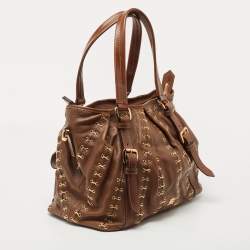 Pre Owned Burberry Brown Two Tone Leather Metal Stitch Lowry Tote