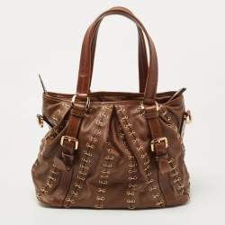 Pre Owned Burberry Brown Two Tone Leather Metal Stitch Lowry Tote