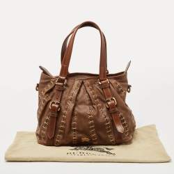 Pre Owned Burberry Brown Two Tone Leather Metal Stitch Lowry Tote