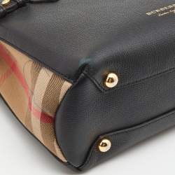 Pre Owned Burberry Black/Beige Leather and House Check Fabric Small Banner Tote
