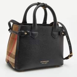 Pre Owned Burberry Black/Beige Leather and House Check Fabric Small Banner Tote