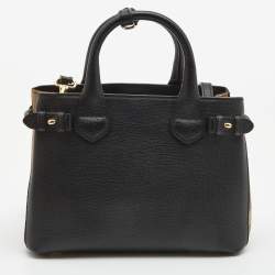 Pre Owned Burberry Black/Beige Leather and House Check Fabric Small Banner Tote