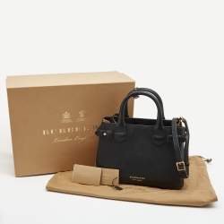 Pre Owned Burberry Black/Beige Leather and House Check Fabric Small Banner Tote