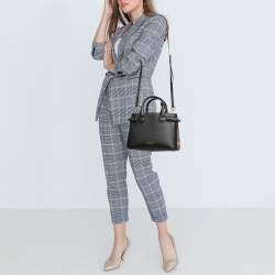 Pre Owned Burberry Black/Beige Leather and House Check Fabric Small Banner Tote