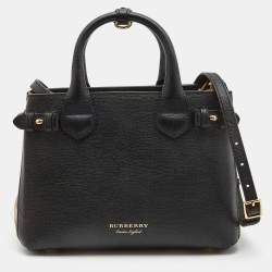 Pre Owned Burberry Black/Beige Leather and House Check Fabric Small Banner Tote