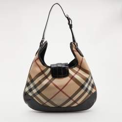 Pre Owned Burberry Black/Beige Nova Check PVC and Patent Leather Large Brooke Hobo