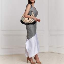 Pre Owned Burberry Black/Beige Nova Check PVC and Patent Leather Large Brooke Hobo