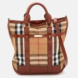 Pre Owned Burberry Beige/Tan House Check Canvas and Leather Hobo