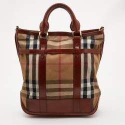 Pre Owned Burberry Beige/Tan House Check Canvas and Leather Hobo
