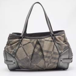 Pre Owned Burberry Metallic Grey Shimmer Nova Check Canvas and Leather Pilgrim Tote 