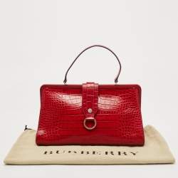 Pre Owned Burberry Red Croc Embossed Leather Frame Satchel