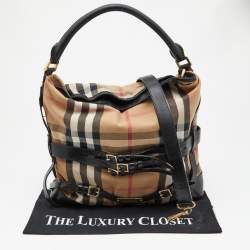 Pre Owned Burberry Beige/Black House Check Canvas and Leather Medium Bridle Gosford Hobo