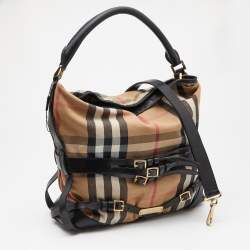 Pre Owned Burberry Beige/Black House Check Canvas and Leather Medium Bridle Gosford Hobo