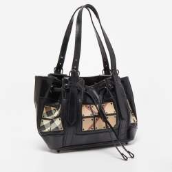 Pre Owned Burberry Black Nova Check Canvas and Leather Studded Warrior Armor Hobo