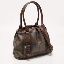 Pre Owned Burberry Dark Brown Smoke Check PVC Small Northfield Tote
