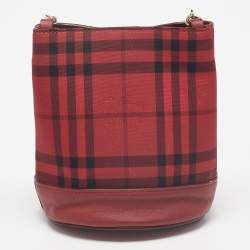 Pre Owned Burberry Red Haymarket Check Canvas and Leather Crossbody Bag