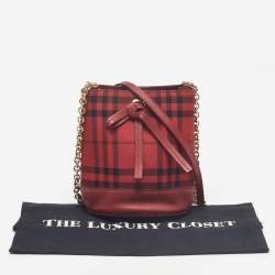 Pre Owned Burberry Red Haymarket Check Canvas and Leather Crossbody Bag