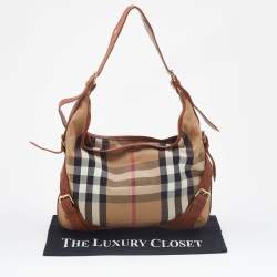 Pre Owned Burberry Beige/Brown House Check Canvas and Leather Hobo