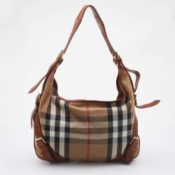 Pre Owned Burberry Beige/Brown House Check Canvas and Leather Hobo