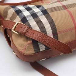 Pre Owned Burberry Beige/Brown House Check Canvas and Leather Hobo