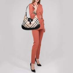 Pre Owned Burberry Black/Beige Nova Check PVC And Patent Leather Brooke Hobo