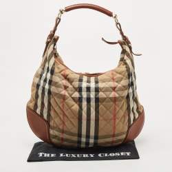 Pre Owned Burberry Brown/Beige House Check Canvas and Leather Large Hoxton Hobo