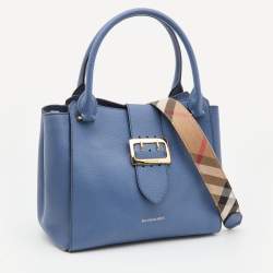 Pre Owned Burberry Blue Leather Medium Buckle Tote