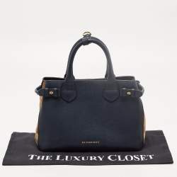 Pre Owned Burberry Navy Blue/Beige Leather and House Check Fabric Small Banner Tote