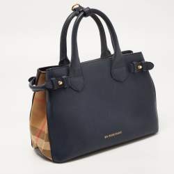 Pre Owned Burberry Navy Blue/Beige Leather and House Check Fabric Small Banner Tote