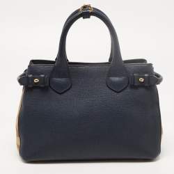 Pre Owned Burberry Navy Blue/Beige Leather and House Check Fabric Small Banner Tote