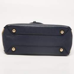 Pre Owned Burberry Navy Blue/Beige Leather and House Check Fabric Small Banner Tote