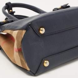Pre Owned Burberry Navy Blue/Beige Leather and House Check Fabric Small Banner Tote