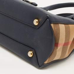 Pre Owned Burberry Navy Blue/Beige Leather and House Check Fabric Small Banner Tote
