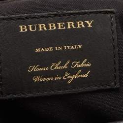 Pre Owned Burberry Navy Blue/Beige Leather and House Check Fabric Small Banner Tote