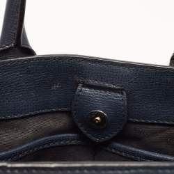 Pre Owned Burberry Navy Blue/Beige Leather and House Check Fabric Small Banner Tote