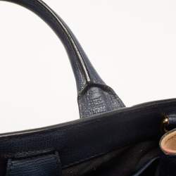 Pre Owned Burberry Navy Blue/Beige Leather and House Check Fabric Small Banner Tote