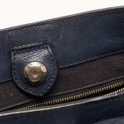 Pre Owned Burberry Navy Blue/Beige Leather and House Check Fabric Small Banner Tote