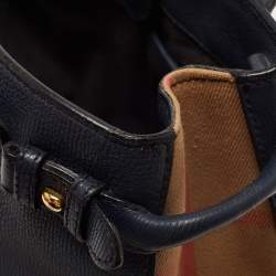 Pre Owned Burberry Navy Blue/Beige Leather and House Check Fabric Small Banner Tote