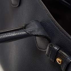 Pre Owned Burberry Navy Blue/Beige Leather and House Check Fabric Small Banner Tote