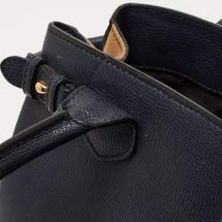 Pre Owned Burberry Navy Blue/Beige Leather and House Check Fabric Small Banner Tote