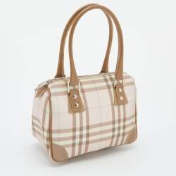 Pre Owned Burberry Pink/Beige House Check PVC and Leather Small Boston Bag