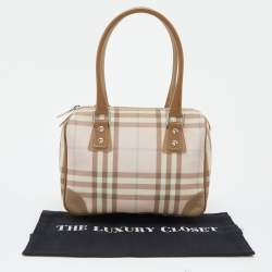 Pre Owned Burberry Pink/Beige House Check PVC and Leather Small Boston Bag